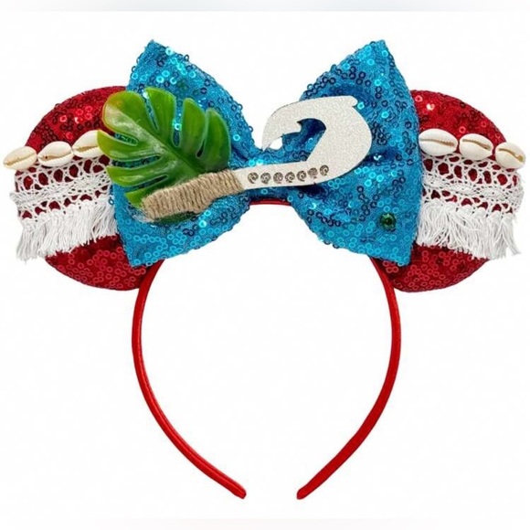 Moana Maui Mouse Ears WITH Ocean Heart of Te Fiti Necklace Disneyland Headband - Picture 1 of 8